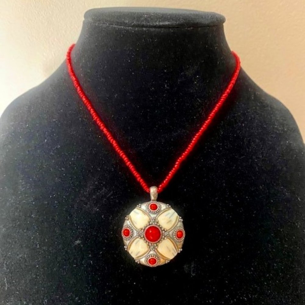 Red Beaded Necklace w/Celtic Style Stone Pendant